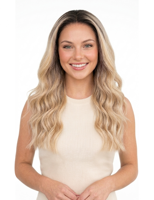 BELLE - Lacefront Ombre Mid Blonde Waves with Dark Roots - by Queenie Wigs