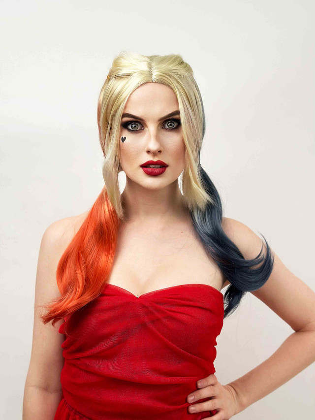 Harley Quinn Joker Girl Blonde Pigtails with Red and Blue Tips Cosplay Wig- by Allaura
