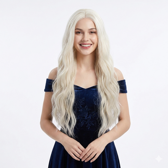 ALICE - Lace Front Platinum White Blonde Long Wavy Wig - by Queenie Wigs