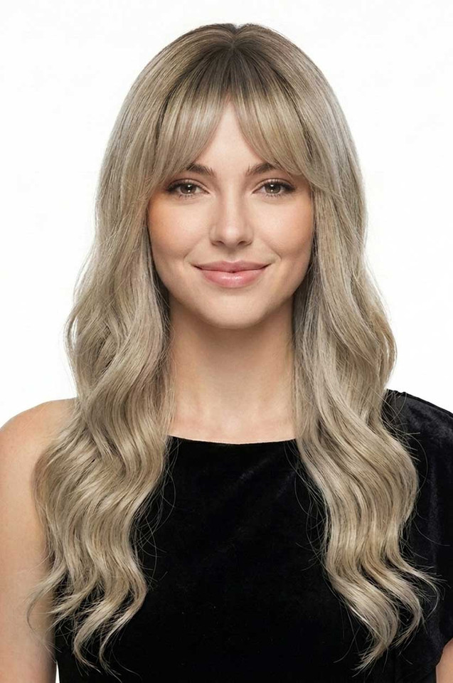 ALLEGRA - Lace Front Ombre Ash Blonde Curls with Fringe - by Queenie Wigs