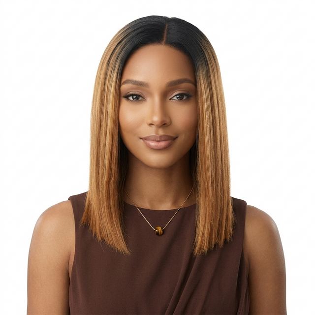 SUNNY - Lace Front Auburn Brown with Dark Roots Straight Wig - by Queenie Wigs