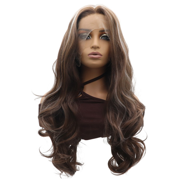 DAWN - Lace Front Medium Brown with Blonde Highlights Long Wavy Wig - by Queenie Wigs