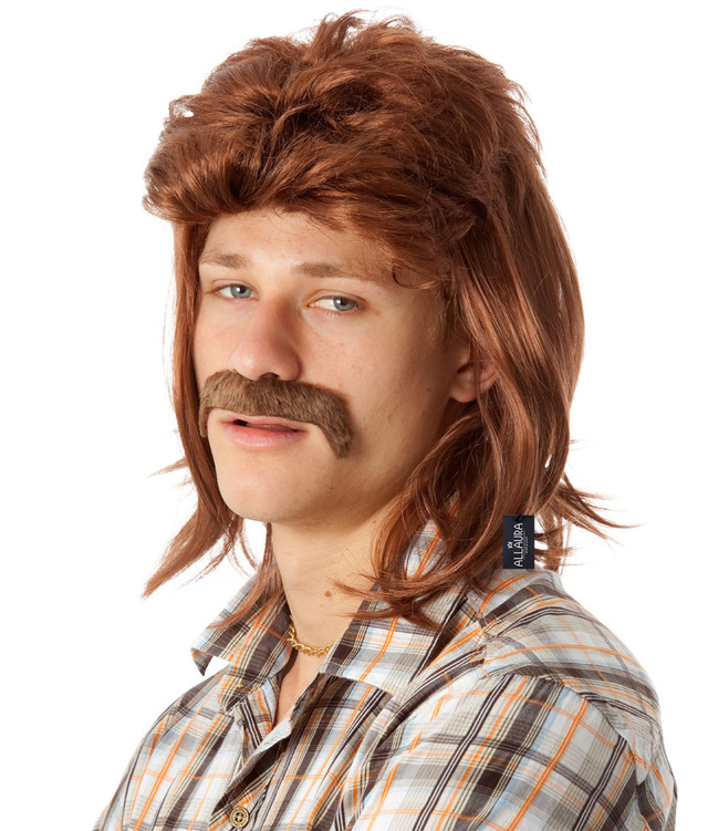 Mullet & Mo Set - 80's Brown Mullet Wig & Moustache - by Allaura