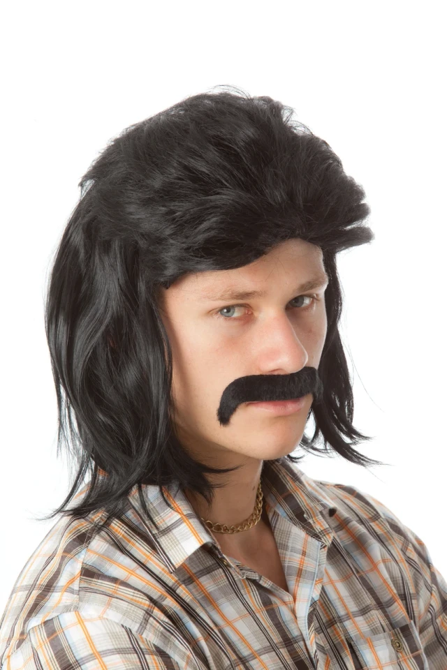 Mullet & Mo Set - 80's Black Mullet Wig & Moustache - by Allaura