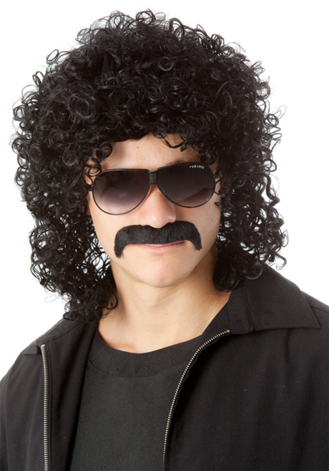 80's Man Perm & Moustache (Black) Costume Wig Set