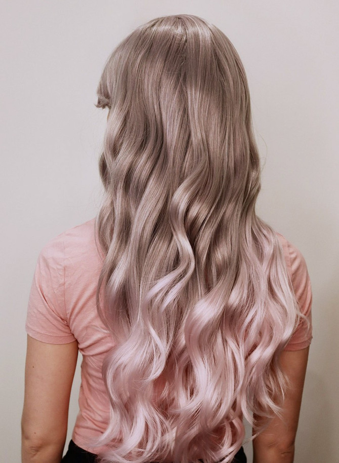 DELUXE Silver Grey with Light Pink Tips Wavy Long Fashion Wig