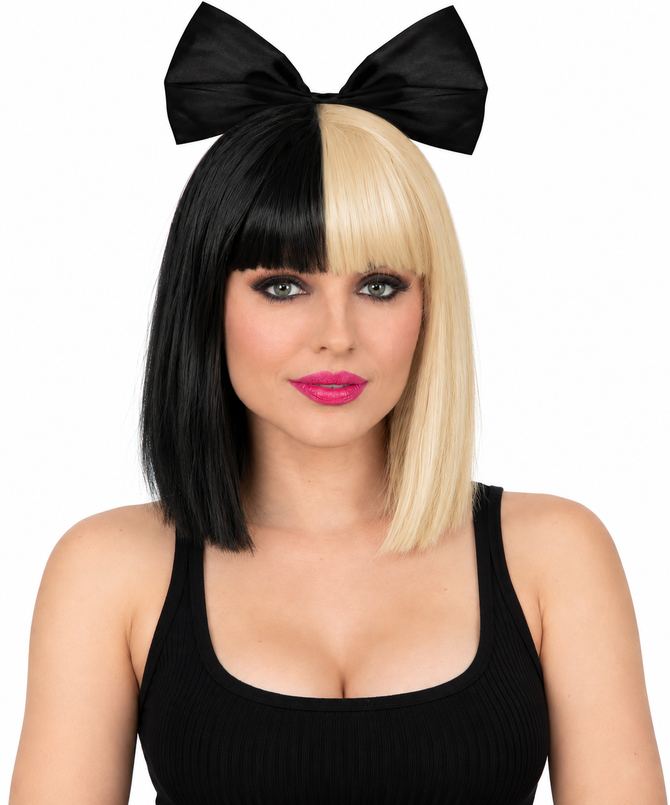 Pop Empress (Sia) Wig with Black Bow Half Blonde and Black Womens Costume Wig - by Allaura