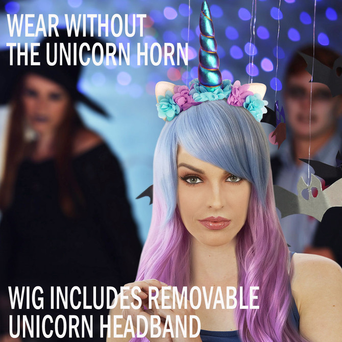Unicorn Beauty - Pink, Purple, Blue Waves Womens Costume Wig with Horn Headband  - by Allaura