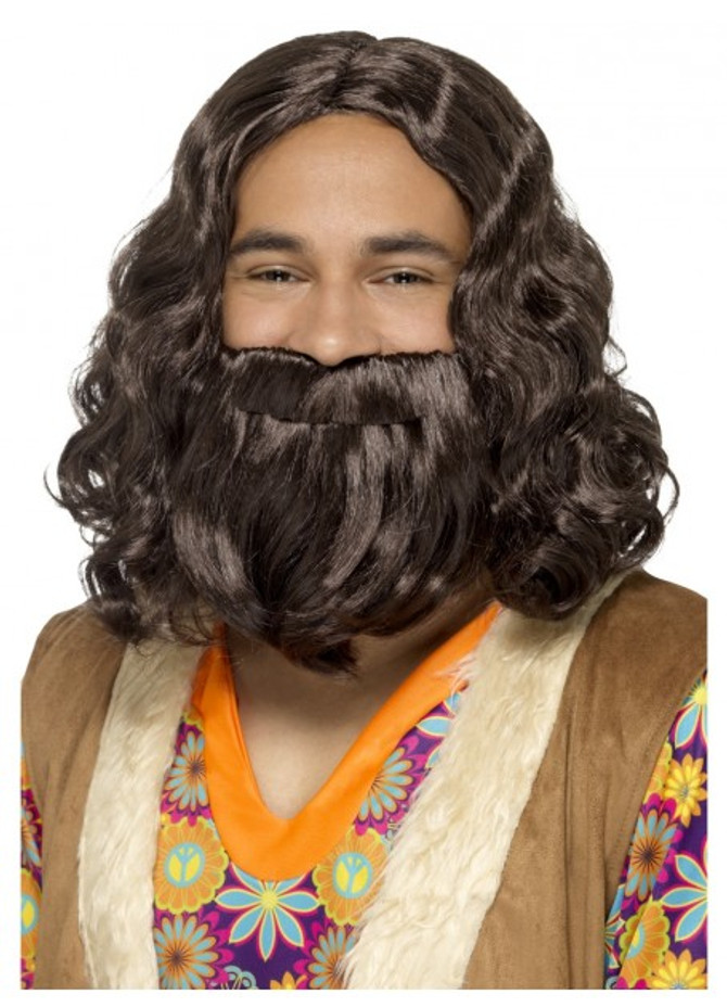 Jesus, Hagrid, Hippie 70's Brown Beard and Wig Costume Set