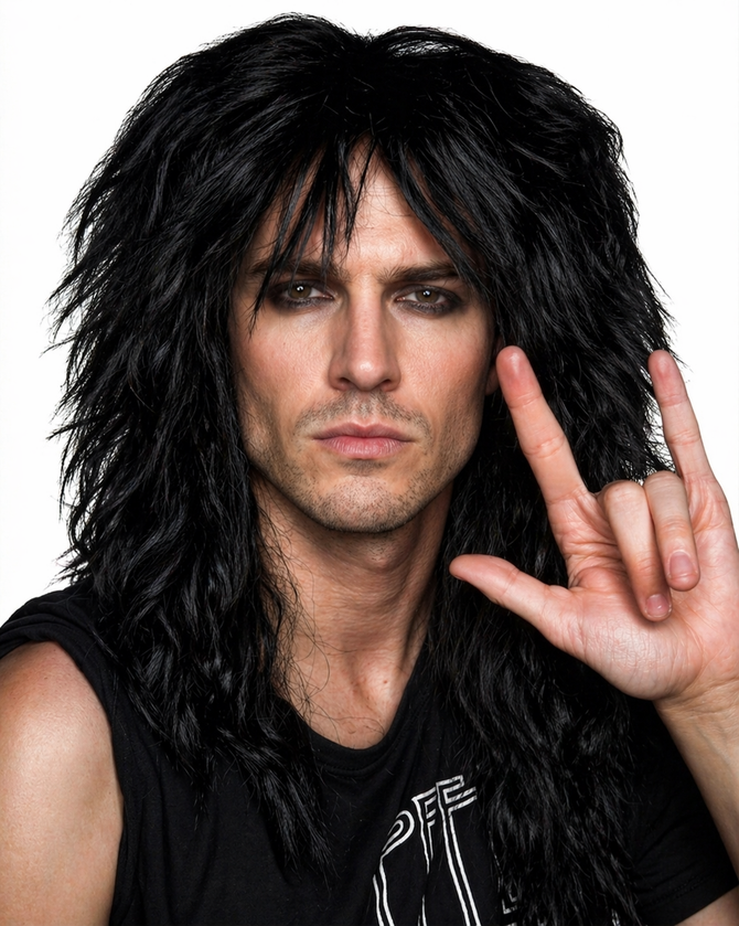 80's Black Glam Rock God Mens Rocker Costume Wig - by Allaura