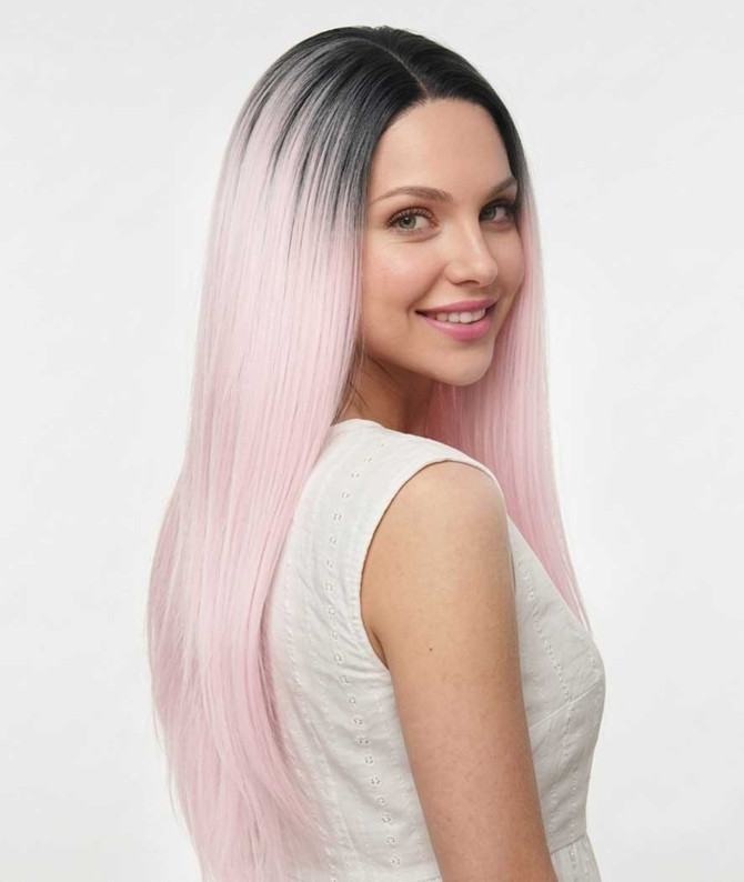 AIDEN - Lace Front Long Straight Ombre Pink Wig - by Queenie Wigs