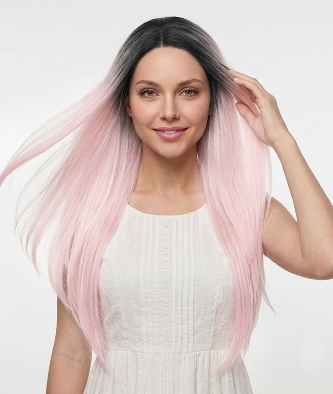 AIDEN - Lace Front Long Straight Ombre Pink Wig - by Queenie Wigs