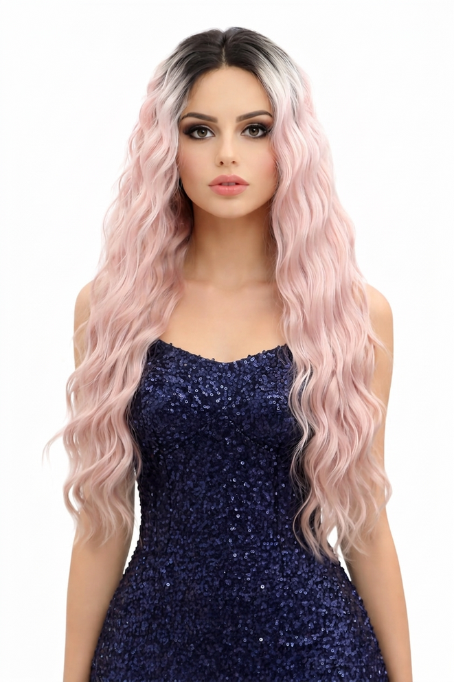 SHANNON - Lace Front Wavy Ombre Baby Pink Wig - by Queenie Wigs