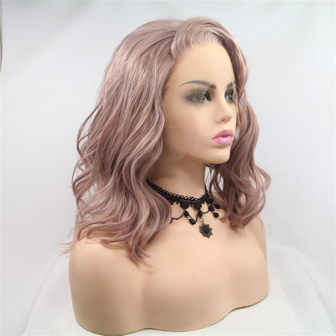 APRIL - Lace Front Short Wavy Dusty Pink Wig - by Queenie Wigs