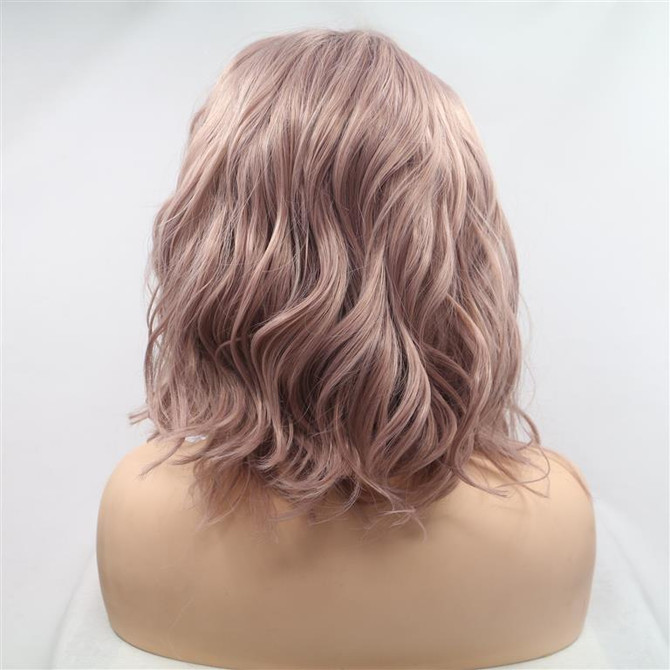 APRIL - Lace Front Short Wavy Dusty Pink Wig - by Queenie Wigs