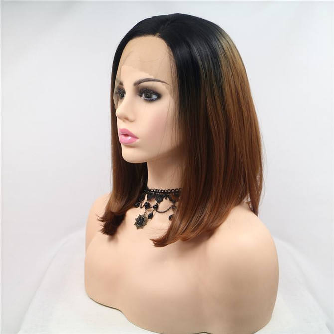 LAURA - Lace Front Ombre Auburn Brown Long Bob Wig - by Queenie Wigs