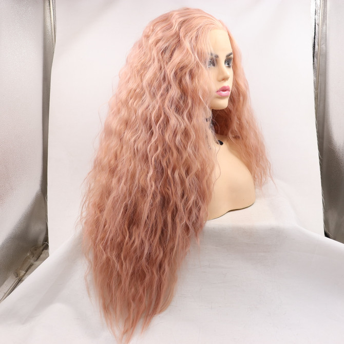 MIA - Lace Front Long Curly Pink Wig - by Queenie Wigs