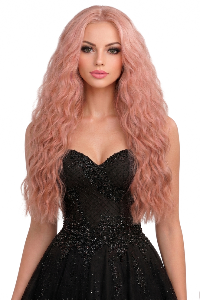 MIA - Lace Front Long Curly Pink Wig - by Queenie Wigs