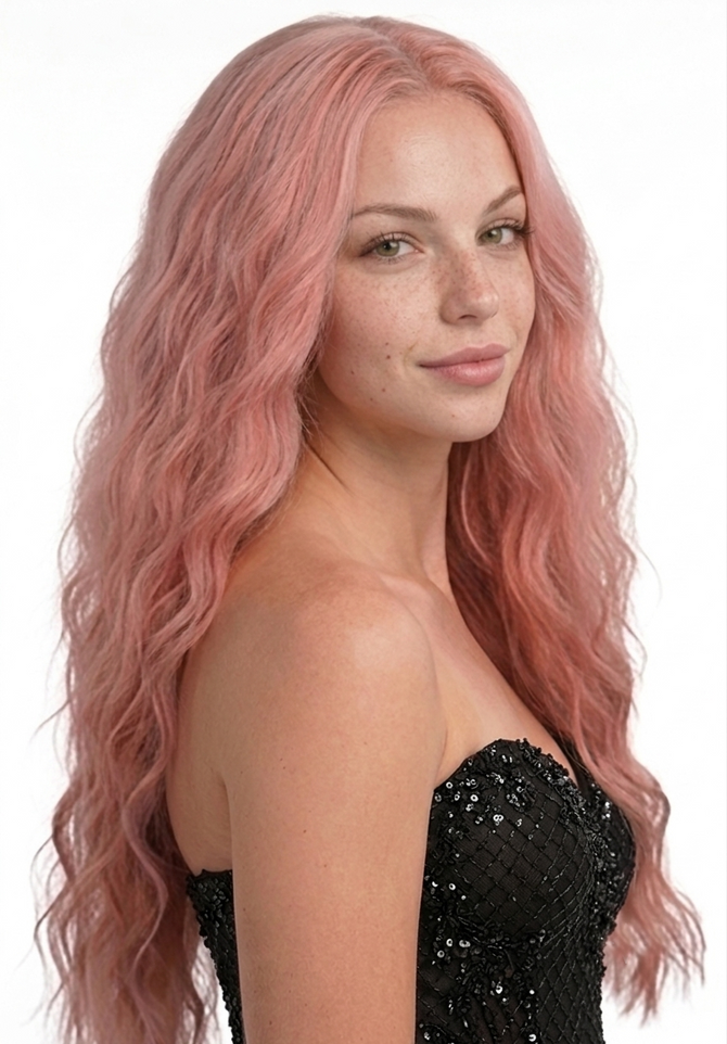 MIA - Lace Front Long Curly Pink Wig - by Queenie Wigs