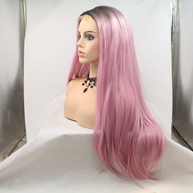 EMILY - Lace Front Long Straight Ombre Pink Wig - by Queenie Wigs