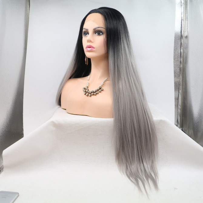 SAMI - Lace Front Long Straight Ombre Grey Blonde Wig - by Queenie Wigs