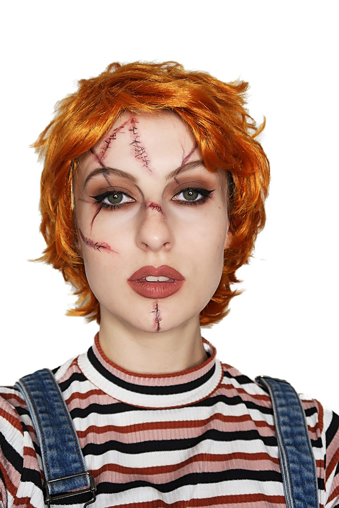 orange-red messy costume wig complete with scar tattoos, inspired by the infamous doll and movie Chucky, ideal for Halloween, Ron Weasley, Ed Sheeran,