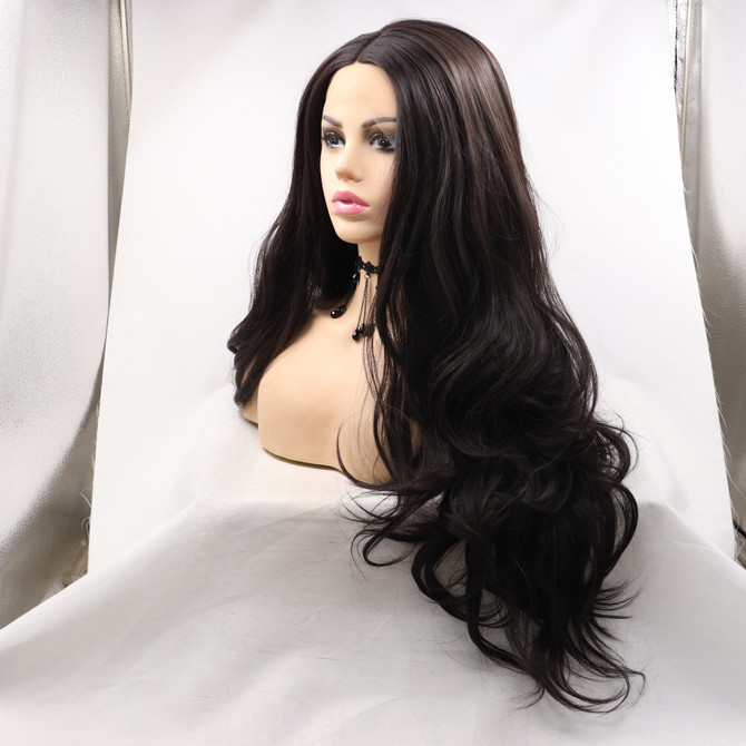 WILLOW - Lace Front Dark Brown Long Wavy Wig - by Queenie Wigs