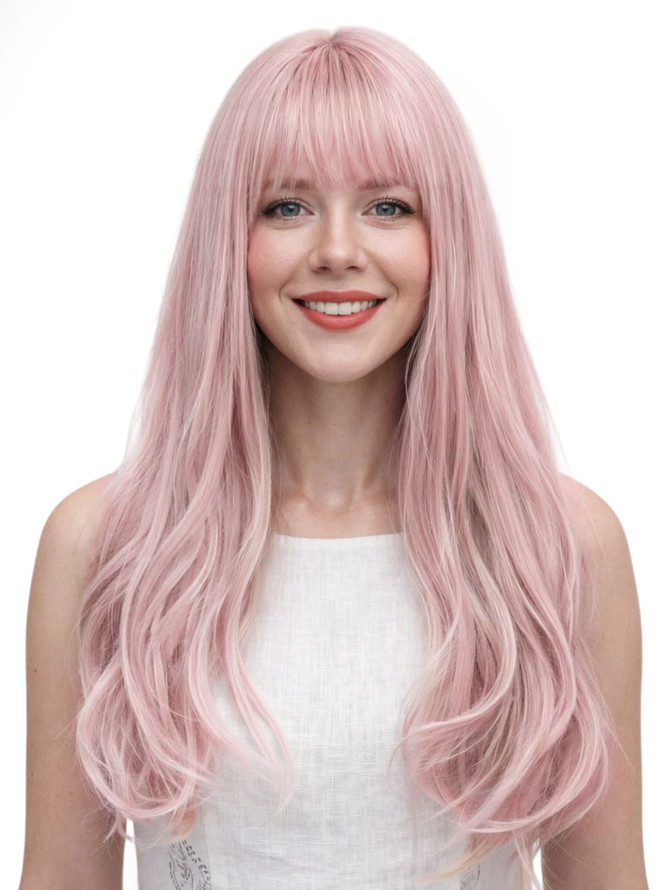 BLUSH - Heat Resistant Dusty Rose Wavy Wig with Light Fringe by Queenie Wigs