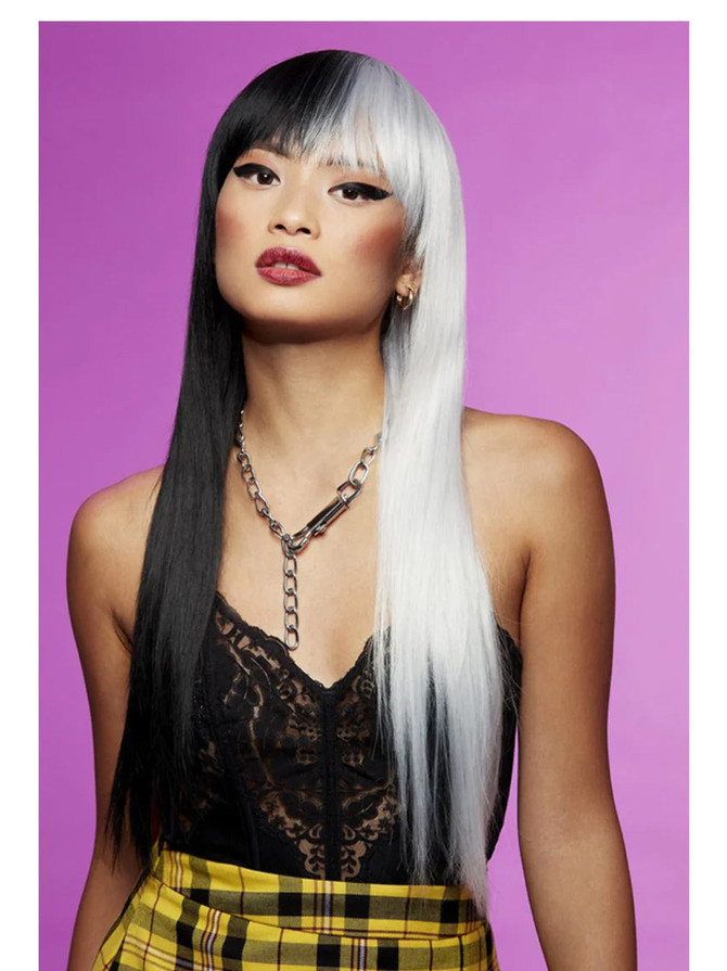 Manic Panic Downtown Diva Half Black Half White Silver Long Wig
