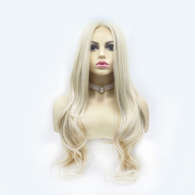 ASHLEE - Lace Front Ash Blonde Long Wavy Wig - by Queenie Wigs