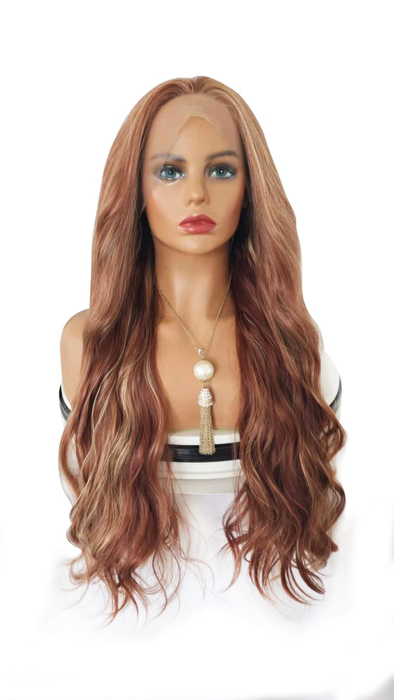 LAYLA - Lacefront Strawberry Blonde Auburn Long Waves with Blonde Highlights - by Queenie Wigs