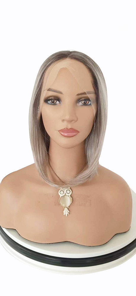 ARABELLA - Lacefront Ombre Grey Blonde Ash Blonde Straight Bob with Dark Roots - by Queenie Wigs