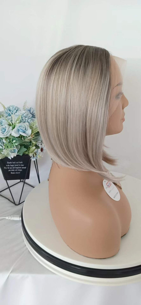 ARABELLA - Lacefront Ombre Grey Blonde Ash Blonde Straight Bob with Dark Roots - by Queenie Wigs