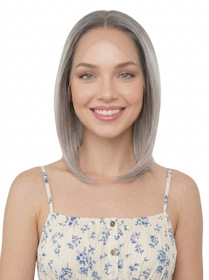 ARABELLA - Lacefront Ombre Grey Blonde Ash Blonde Straight Bob with Dark Roots - by Queenie Wigs