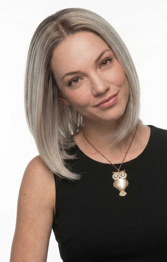 ARABELLA - Lacefront Ombre Grey Blonde Ash Blonde Straight Bob with Dark Roots - by Queenie Wigs