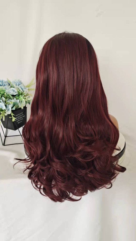 ORGANZA - Lacefront Burgundy Wine Long Loose Waves - by Queenie Wigs