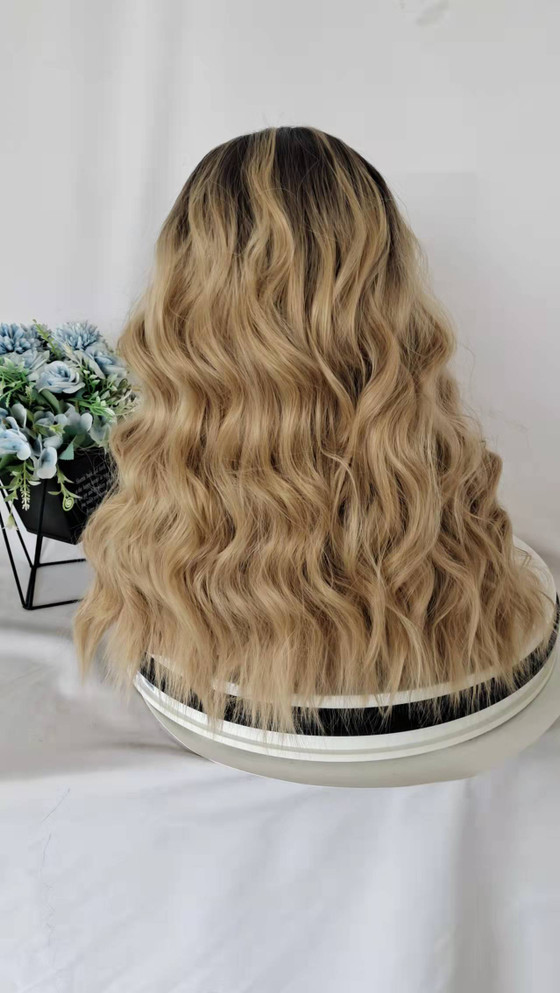 BELLE - Lacefront Ombre Mid Blonde Waves with Dark Roots - by Queenie Wigs