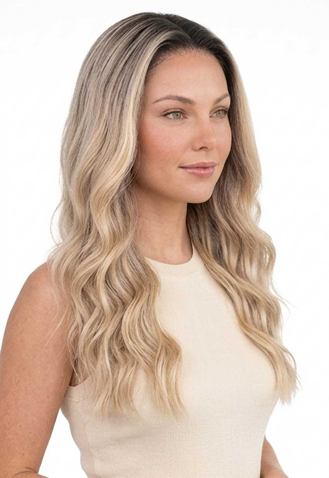 BELLE - Lacefront Ombre Mid Blonde Waves with Dark Roots - by Queenie Wigs