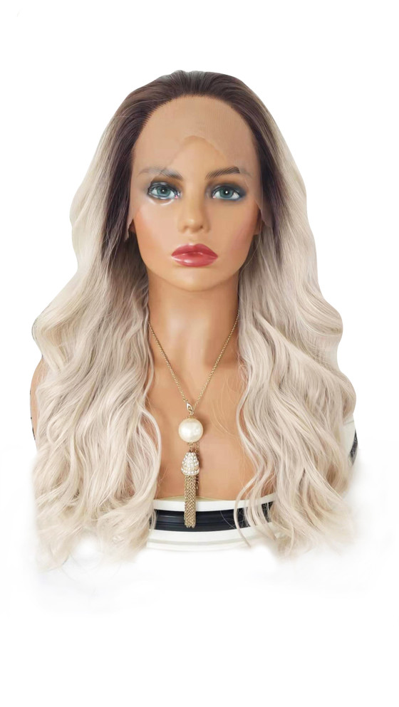 GLACIER - Lacefront Ombre Ice Grey Blonde Waves with Dark Roots - by Queenie Wigs