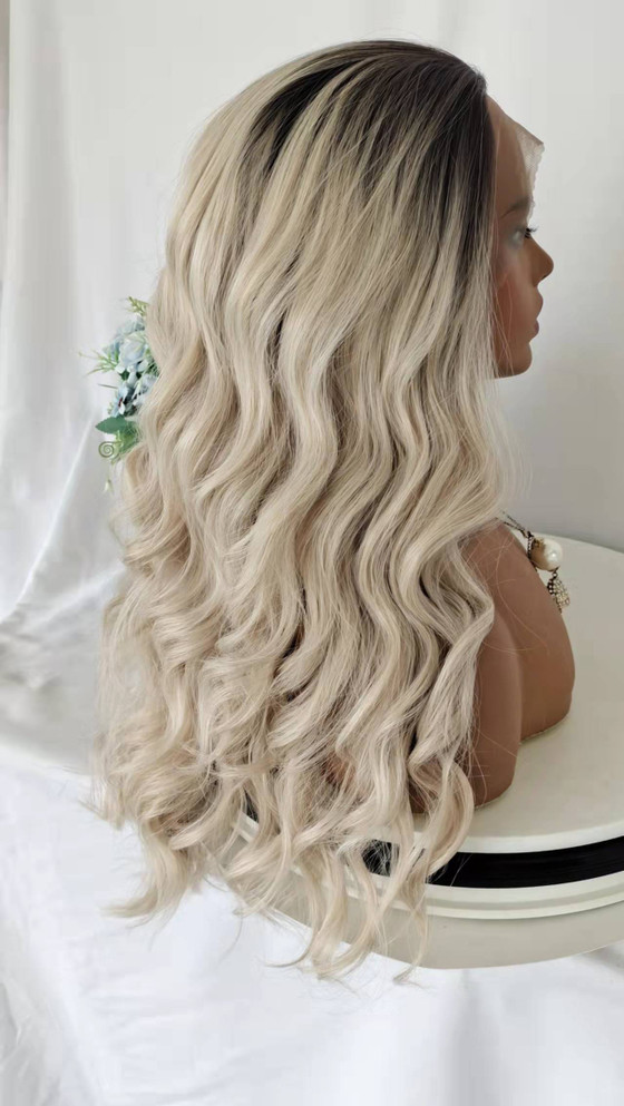 GLACIER - Lacefront Ombre Ice Grey Blonde Waves with Dark Roots - by Queenie Wigs