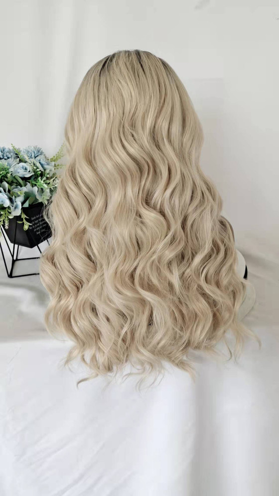 GLACIER - Lacefront Ombre Ice Grey Blonde Waves with Dark Roots - by Queenie Wigs