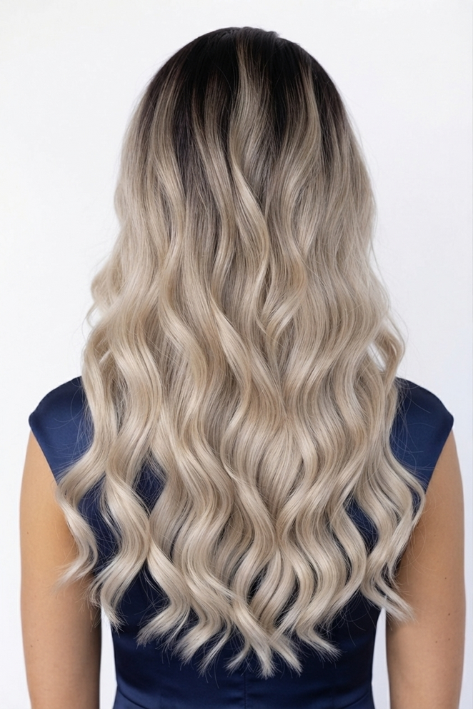 GLACIER - Lacefront Ombre Ice Grey Blonde Waves with Dark Roots - by Queenie Wigs