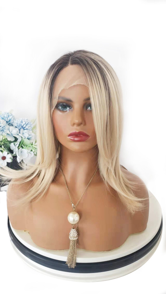 IVY - Lacefront Mid Length Ombre Creamy Light Blonde with Dark Roots - by Queenie Wigs