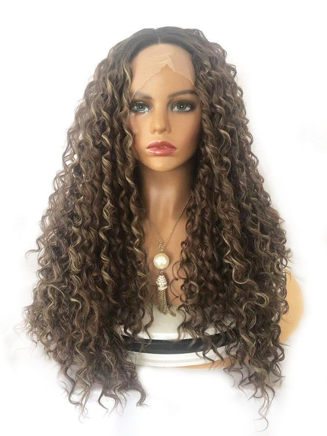 MEREDITH - Lacefront Brown Long Tight Spiral Curls with Blonde Highlights - by Queenie Wigs