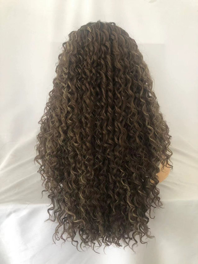 MEREDITH - Lacefront Brown Long Tight Spiral Curls with Blonde Highlights - by Queenie Wigs