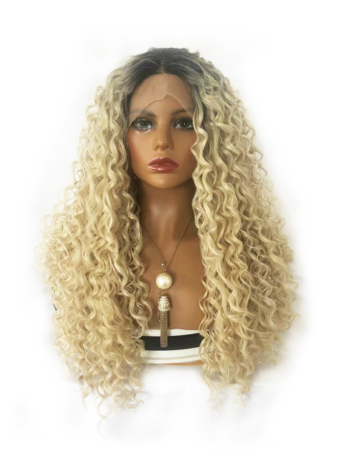 ISLA - Lacefront Ombre Platinum Blonde Long Tight Spiral Curls with Dark Roots - by Queenie Wigs