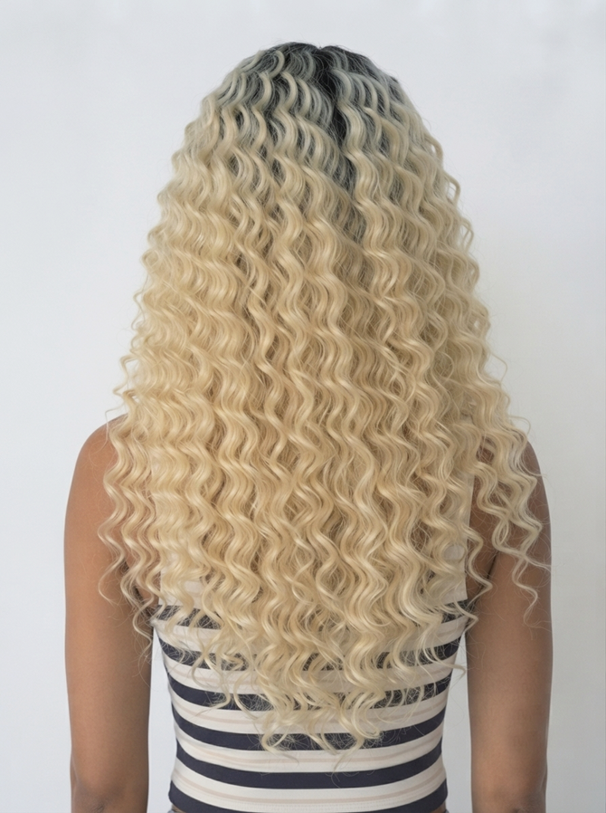 ISLA - Lacefront Ombre Platinum Blonde Long Tight Spiral Curls with Dark Roots - by Queenie Wigs