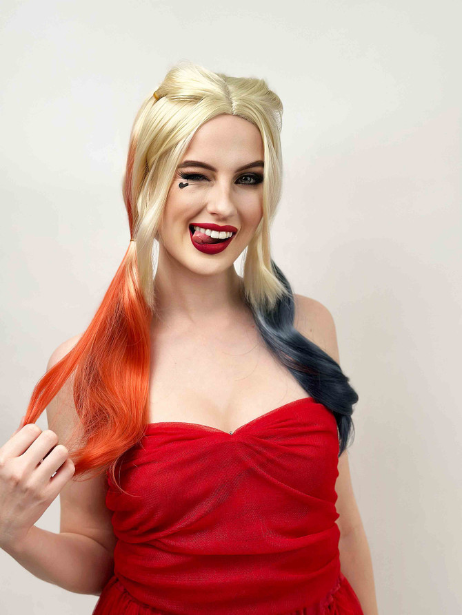 Harley Quinn Joker Girl Blonde Pigtails with Red and Blue Tips Cosplay Wig- by Allaura