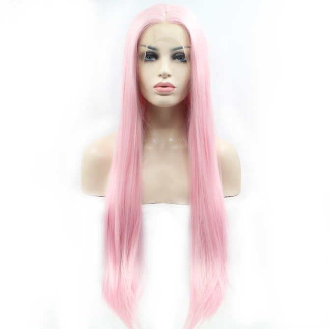 TILLY - Lacefront Long Straight Baby Pink Wig - by Queenie Wigs