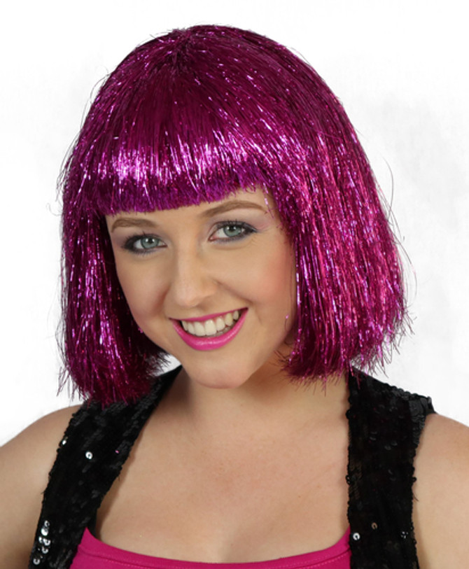 Deluxe Pink Tinsel Disco Bob Costume Wig